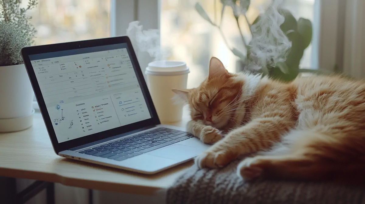 Marketing automation dashboard setup in a cozy home office with morning light and productivity elements