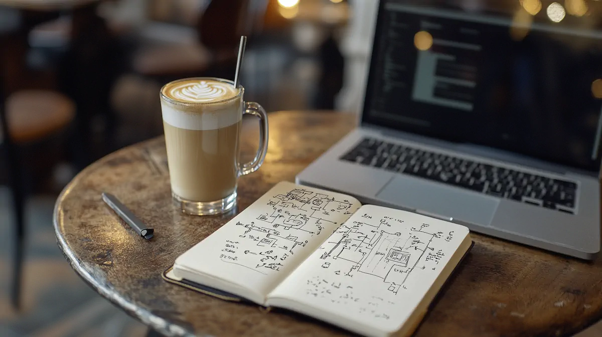 Marketing automation workflow sketched in notebook showing small business automation process in an indie coffee shop setting