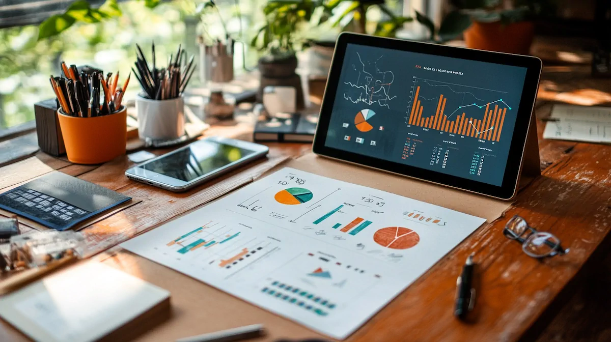 Marketing automation analytics and ROI tracking displayed through hand-drawn charts and digital metrics
