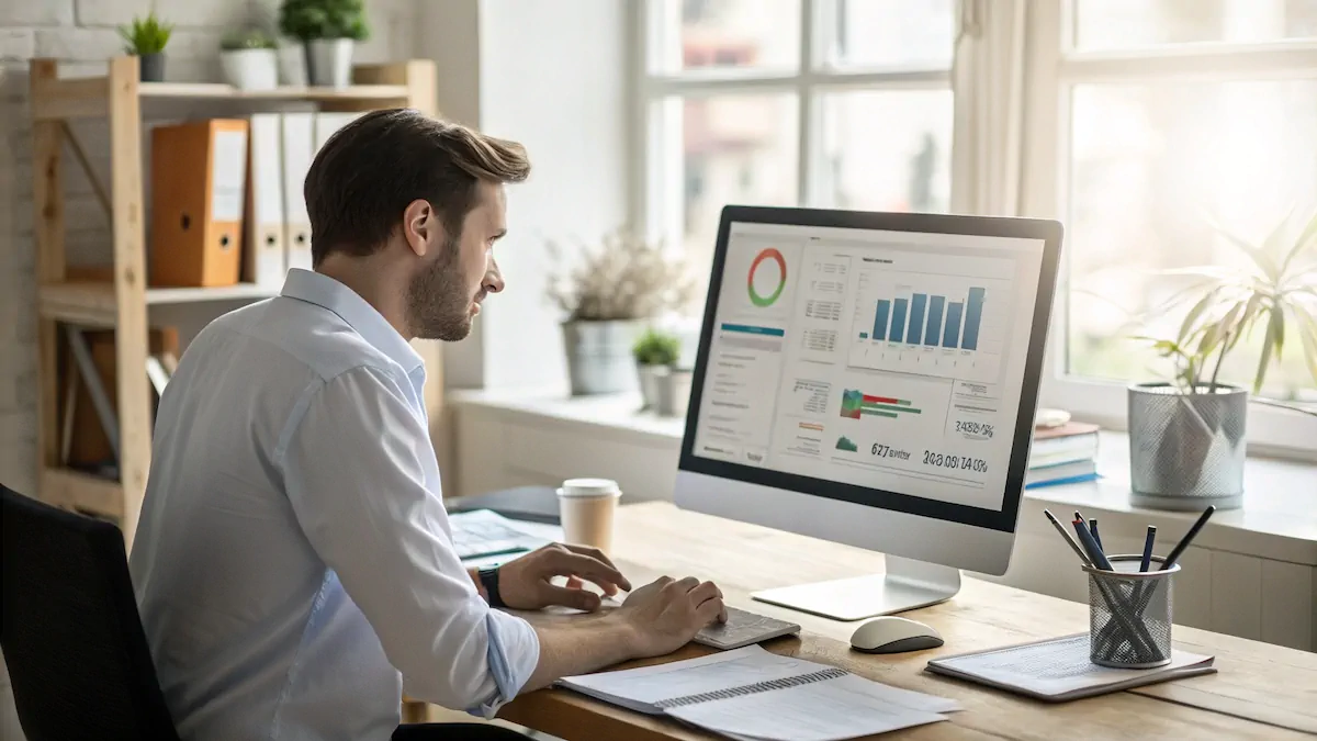 A person analyzing competitor websites on multiple screens, symbolizing market research and competitive analysis