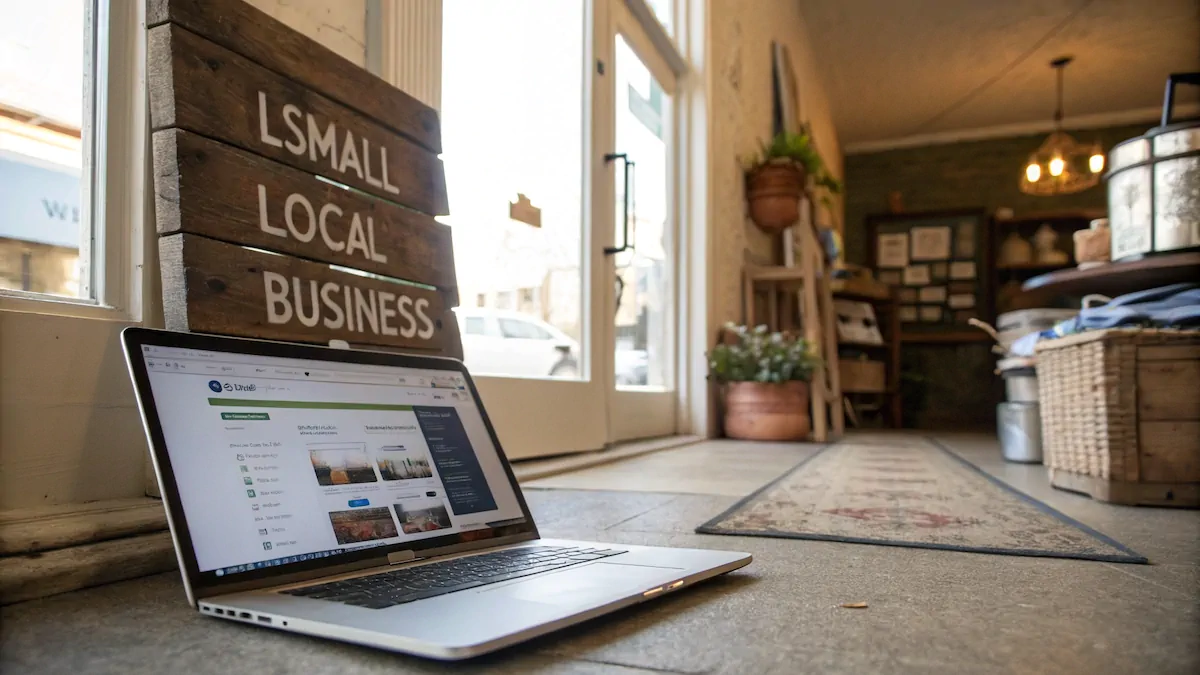 A laptop displaying a local business website, symbolizing the connection between digital and physical presence