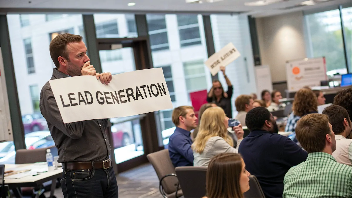 A man standing in a room full of people, each holding a sign that says "Lead Generation"