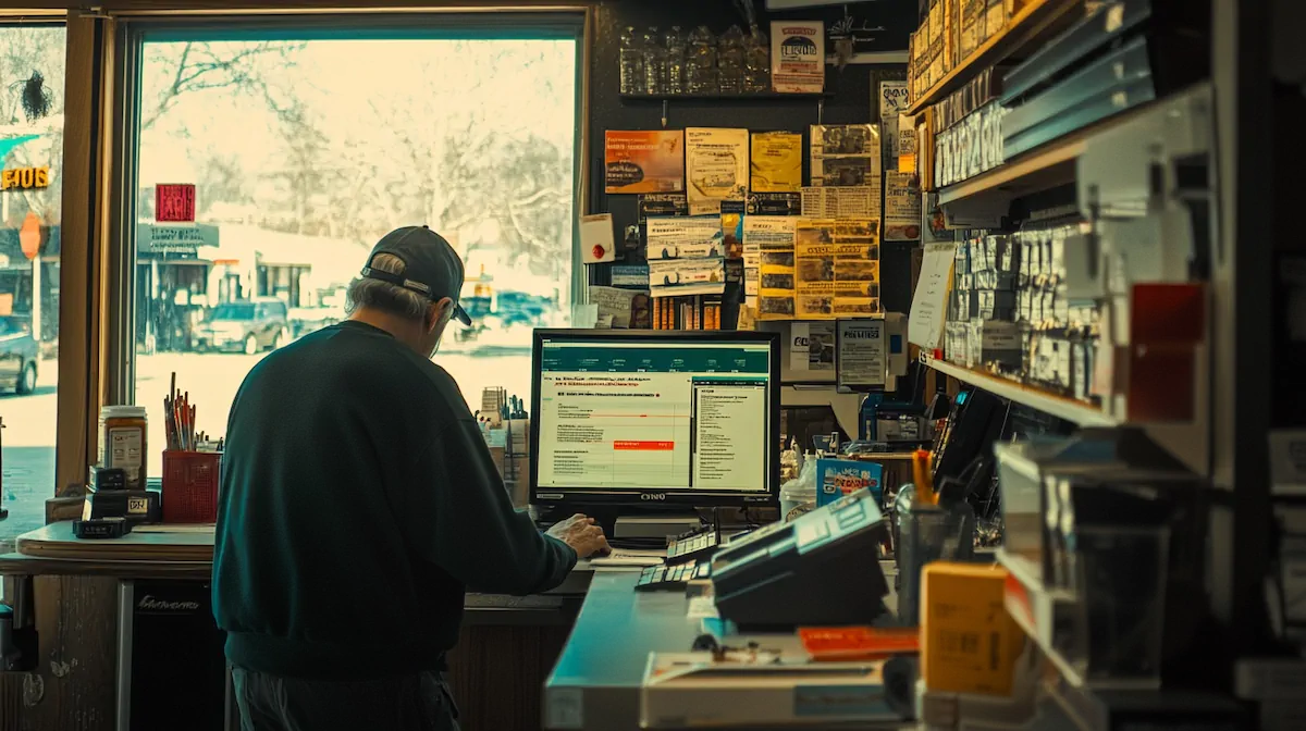 Business owner analyzing local marketing data on a digital dashboard