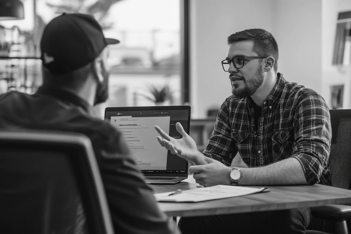 Professional meeting between business owner and web designer in a modern Silicon Beach office space
