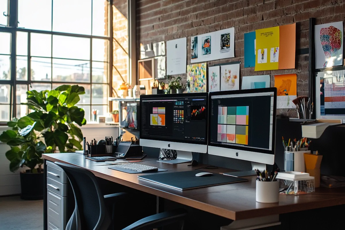 Creative workspace showing color theory tools and content strategy documents in a modern LA design studio