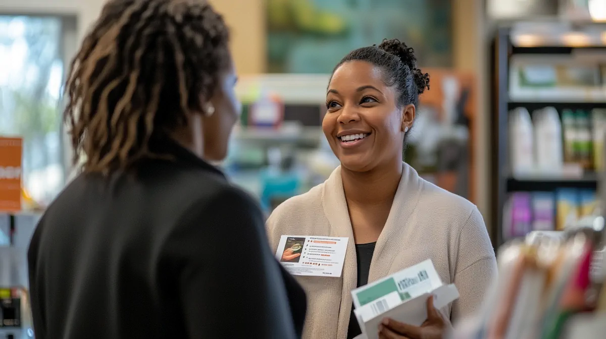 Local business owner networking at a community event with business cards and product displays