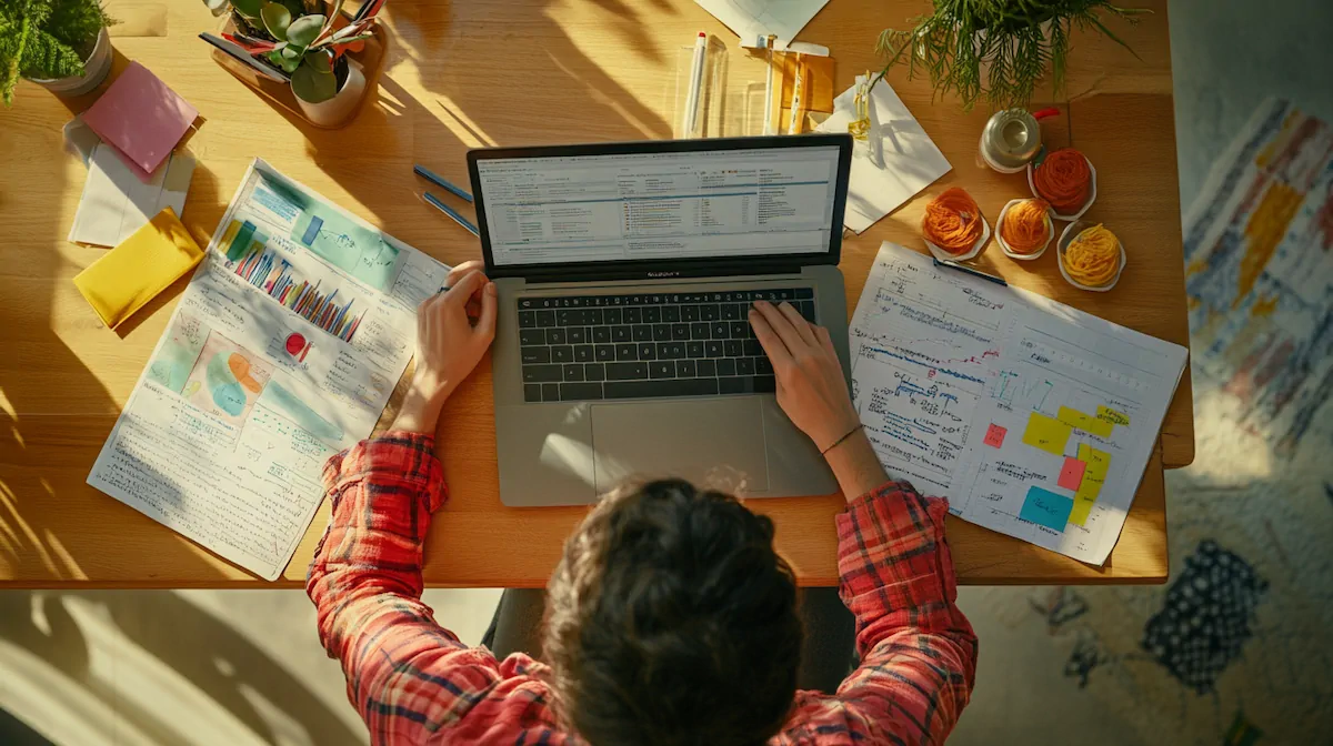 Content marketer writing a blog post on a laptop with research materials and content calendar visible