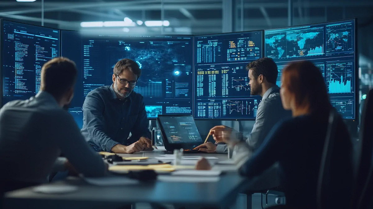 Digital marketing team collaborating on a campaign strategy with sticky notes and digital screens showing campaign metrics