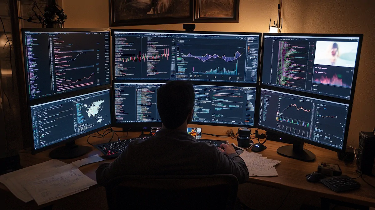 Business professional analyzing marketing data on multiple screens showing analytics dashboards and social media metrics