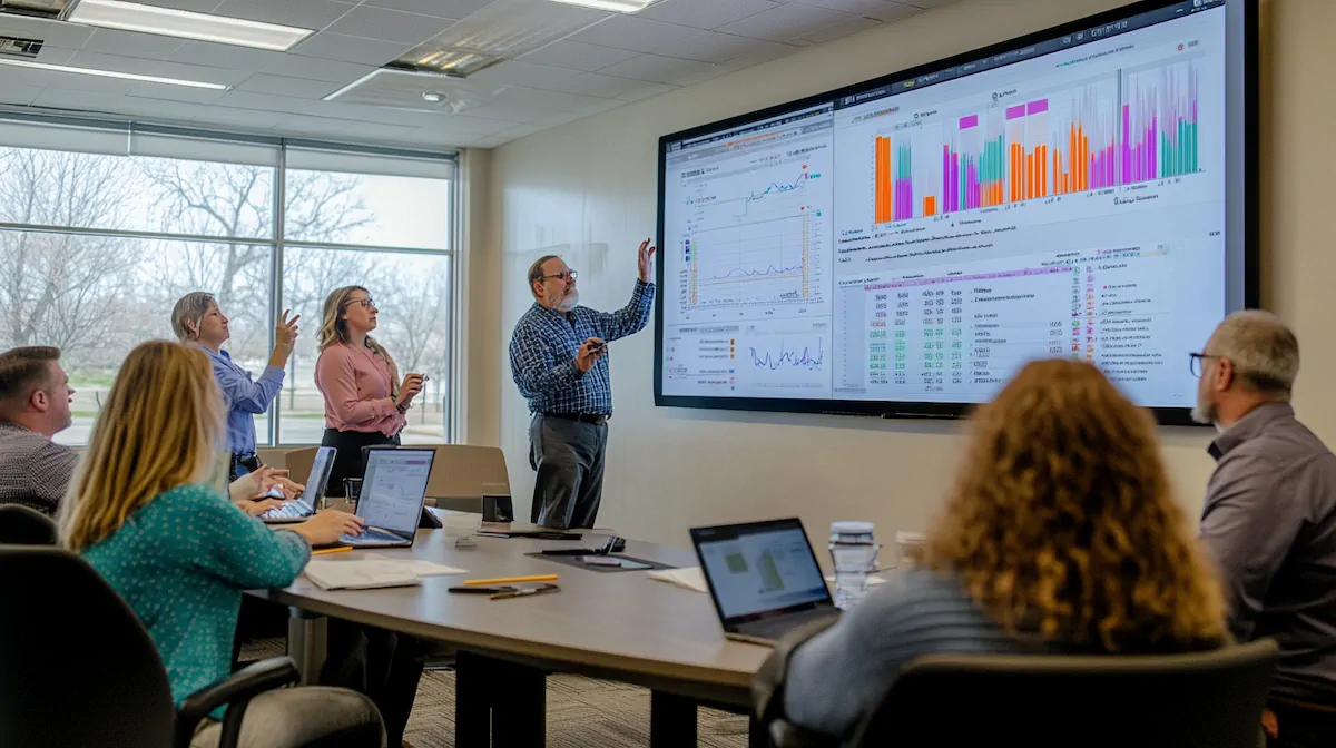 Marketing team reviewing performance metrics on a large screen during a strategy meeting