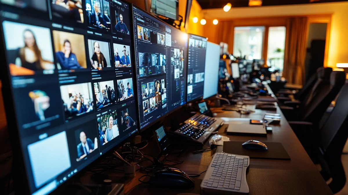 Social media command center with multiple screens showing real-time engagement metrics and trending topics
