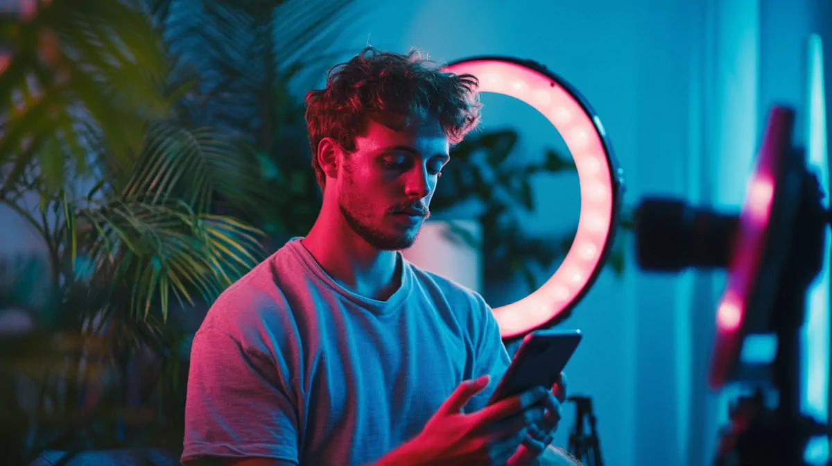 Social media manager creating TikTok content with ring light and smartphone setup