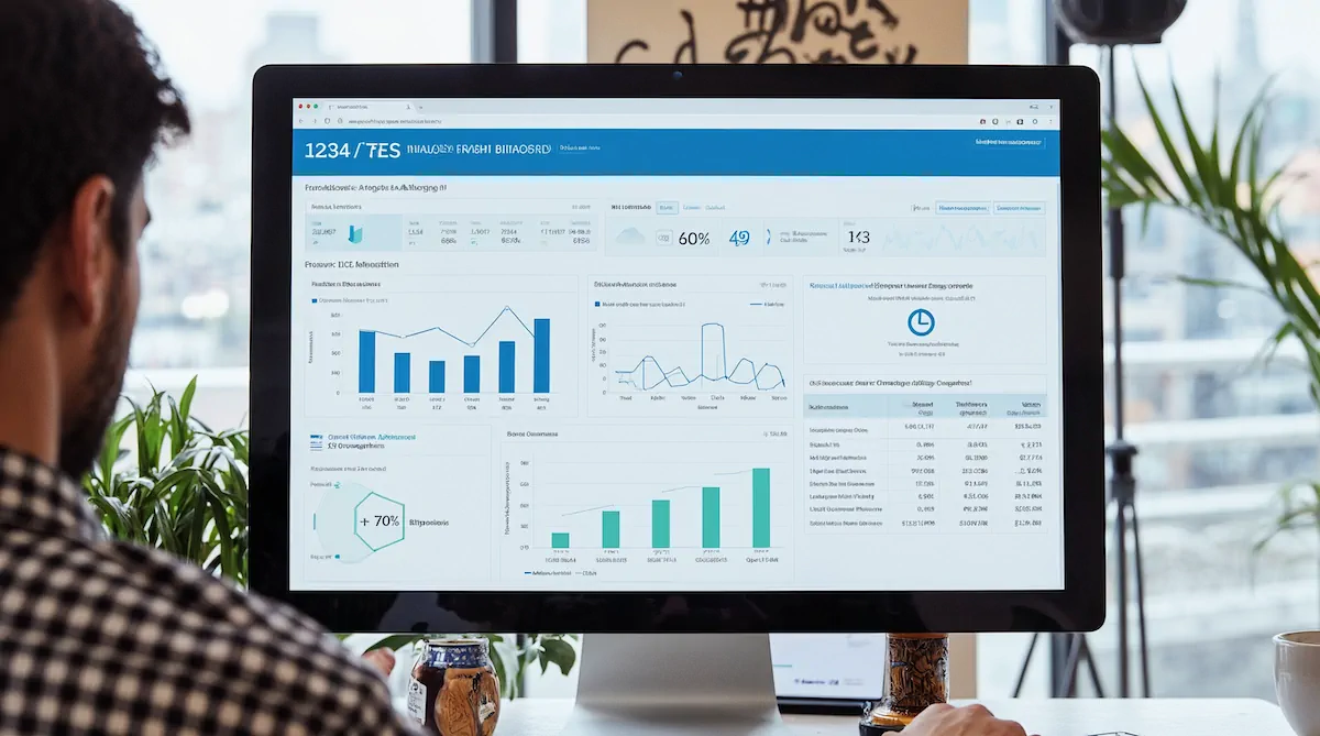 A computer dashboard showing website maintenance metrics including security status, backup schedules, and performance graphs, with a calendar showing regular maintenance cycles