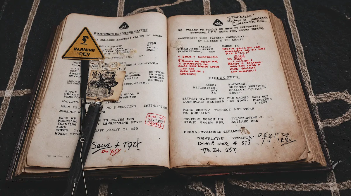 A warning sign next to a confusing pricing document with hidden fees highlighted in red