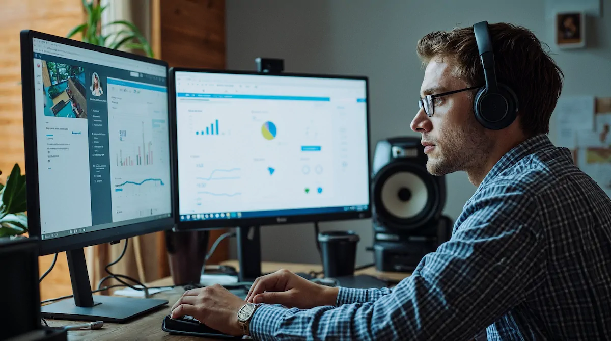 A professional project manager sitting at a desk, actively working with project management software on multiple screens while speaking with a client on a headset