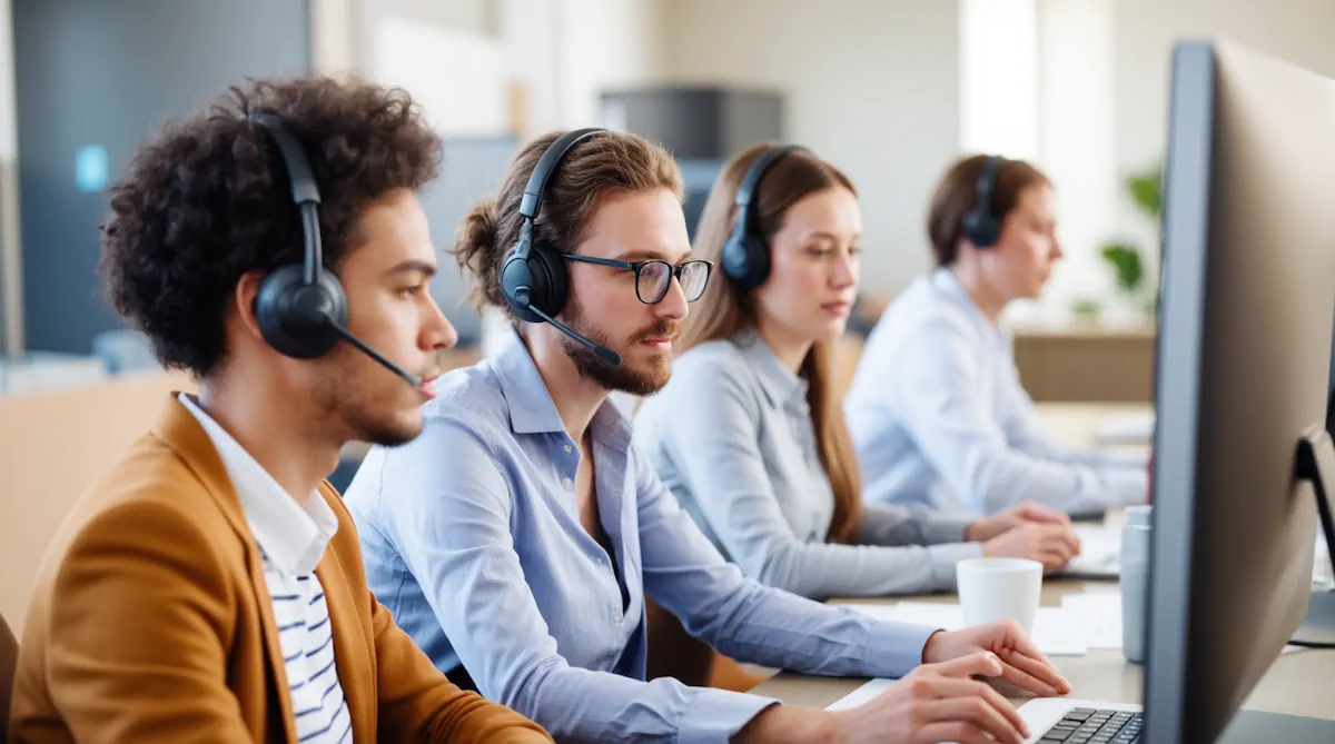 A customer support team working at their desks with multiple monitors showing website analytics, uptime monitoring dashboards, and support ticket queues