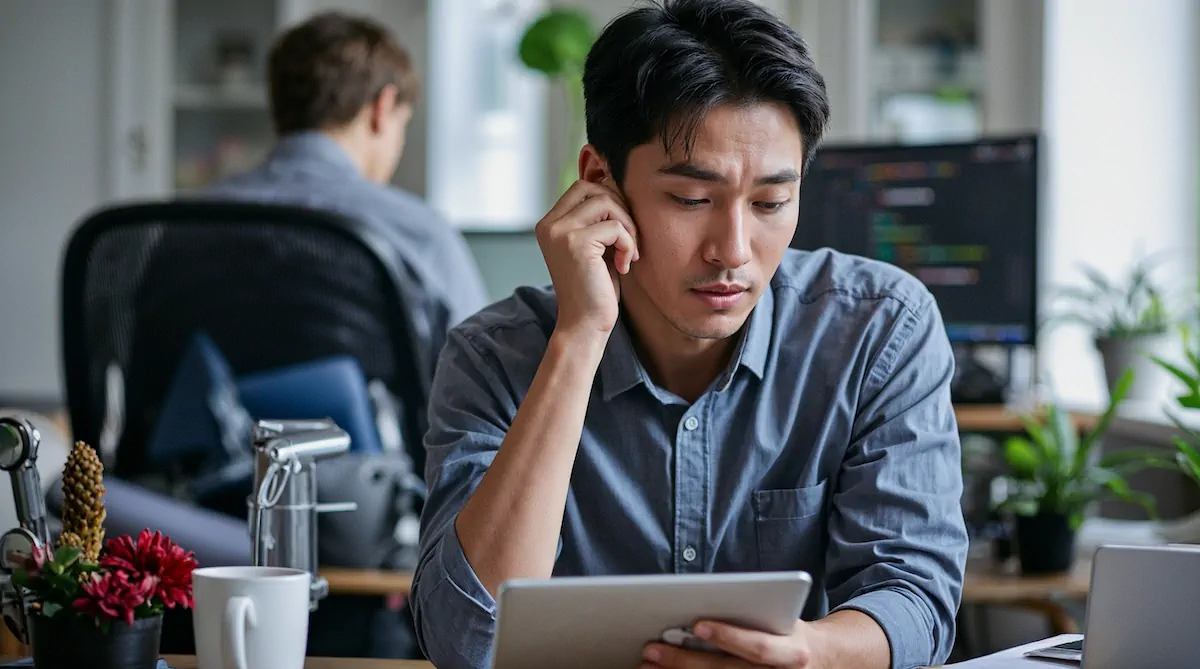 A frustrated client checking an empty inbox while a developer focuses on code in the background